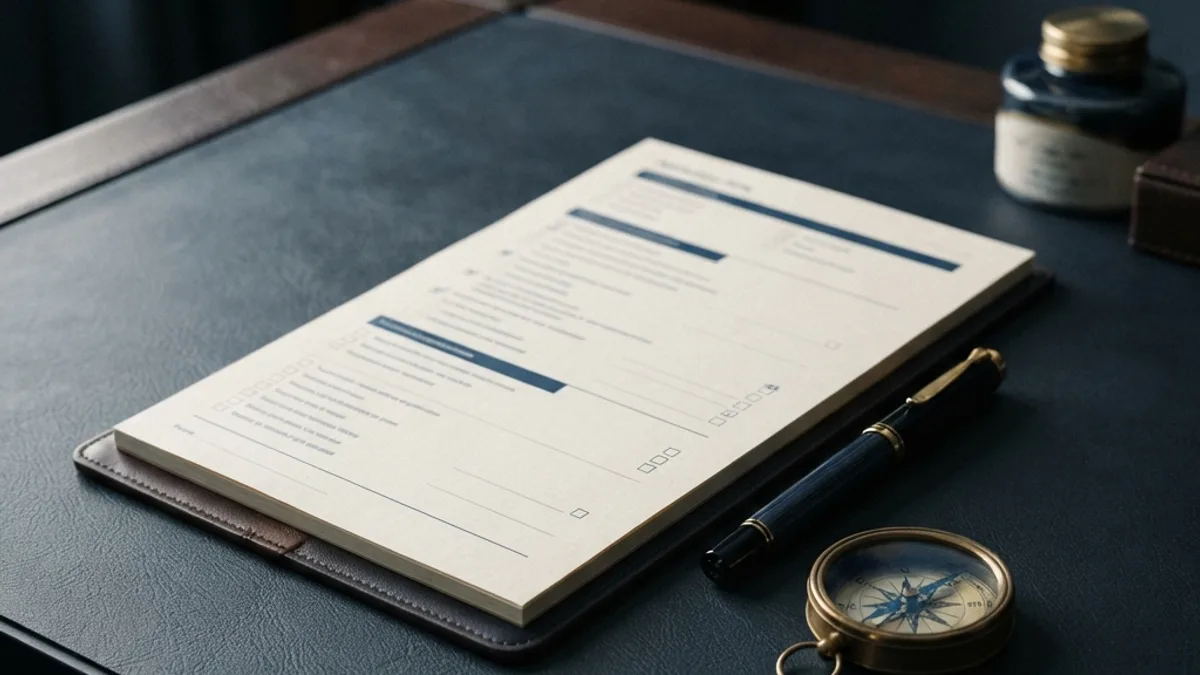 An application form and fountain pen beside a brass compass on a calm dark surface — getting set up, in deep blue tones.