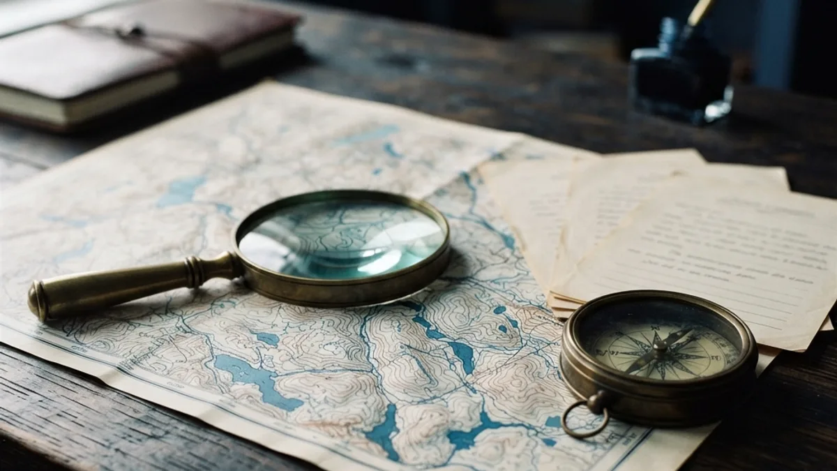 A magnifying glass and compass on a topographic map beside document pages — verifying a source, in deep blue tones.