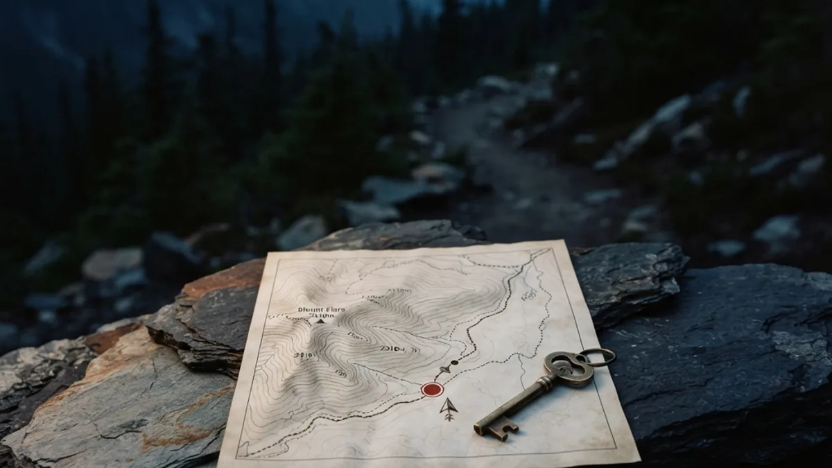 A marked checkpoint gate on a topographic trail with a small brass key beside it — the one requirement that unlocks the path, in deep blue tones.